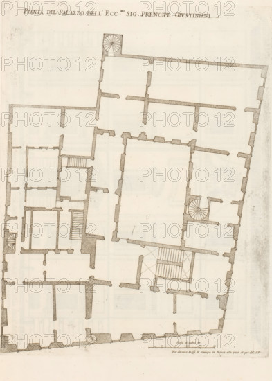 Map of Palazzo Giustiniani, Pianta del Palazzo dell'ecc.mo sig. Prencipe Giustiniani, Palazzi di Roma, Roman palaces, Palazzi di Roma dei più celebri architett, print, album page, Print is part of an album., number: '57', printmaker: Giovanni Battista Falda, Italy, after drawing by Giovanni Battista Falda, after design by Giovanni Fontana, Rome, after design by Francesco Borromini, publisher: Giovanni Giacomo de' Rossi, grantor of privilege: Papal Court, Vatican City, dedicated by: Giovanni Giacomo de' Rossi, dedicated to: Antonio Barberini (I), in or after 1655, Giovanni Battista Falda, Giovanni Fontana, Francesco Borromini, Giovanni Giacomo de' Rossi, Antonio Barberini (I), printmaker, after drawing by, after design by, publisher, provider of privilege, paper, etching, height 364 mm x width 277 mm, This print is part of the series titled: Palazzi di Roma. This series consists of two books. Book one, titled: Palazzi di Roma dei più celebri architetti..., consists of 44 prints attribut...