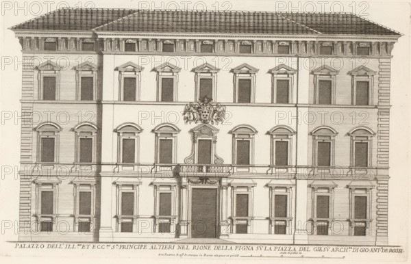 Palazzo dell' ill.mo et ecc.mo sr principle Altier, Façade of Palazzo Altieri, Roman palaces, Palazzi di Roma, Palazzi di Roma dei più celebri architett, print, album page, Print is part of an album., number: '59', inscription: 'Ende lib. No. 23. fol. 169., End elib. No. 21. fol. 395. End lib. No. 8. fol. 64.', printmaker: Giovanni Battista Falda, Italy, after drawing by Giovanni Battista Falda, after design by Giovanni Antonio de' Rossi, Rome, publisher: Giovanni Giacomo de' Rossi, grantor of privilege: Papal Court, Vatican City, dedicated by: Giovanni Giacomo de' Rossi, dedicated to: Antonio Barberini (I), in or after 1655, Giovanni Battista Falda, Giovanni Antonio de' Rossi, Giovanni Giacomo de' Rossi, Papal court, printmaker, after drawing by, after design by, grantor of privilege, paper, etching, height 261 mm x width 410 mm, This print is part of the series entitled: Palazzi di Roma. This series consists of two books. Book one, titled: Palazzi di Roma dei più celebri architetti.....
