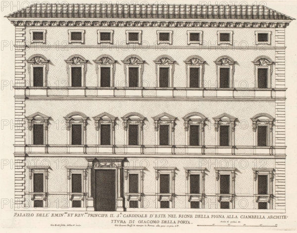 Façade of the Palace of Cardinal d'Este, Palazzo dell' emin.mo et rev.mo principle il sr cardinale d'Est, Palazzi di Roma dei più celebri architett, Palazzi di Roma, Roman palaces, print, album page, Print is part of an album., inscription: 'Ende lib. No. 1. fol. 3. ...No. 387.', number: '60', printmaker: Giovanni Battista Falda, Italy, after drawing by Giovanni Battista Falda, after design by Giacomo della Porta, Rome, publisher: Giovanni Giacomo de' Rossi, grantor of privilege: Papal Court, Vatican City, dedicated by: Giovanni Giacomo de' Rossi, dedicated to: Antonio Barberini (I), in or after 1655, Giovanni Battista Falda, Giacomo della Porta, Giovanni Giacomo de' Rossi, Antonio Barberini (I), printmaker, after drawing by, after design by, publisher, paper, etching, height 281 mm x width 365 mm, This print is part of the series entitled: Palazzi di Roma. This series consists of two books. Book one, titled: Palazzi di Roma dei più celebri architetti..., consists of 44 prints attribut...