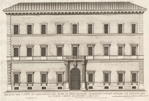 Façade of Palazzo Sciarra, Palazzo del S. pnpe di Carbognano nel Rione di Trev, Palazzi di Roma, Roman palaces, Palazzi di Roma dei più celebri architett, print, album page, Print is part of an album., inscription: 'Ende lib. No. 21. fol. 292. 267.', number: '62', printmaker: Giovanni Battista Falda, Italy, after design by Martino Longhi (I), Rome, after design by Giacomo della Porta, after design by Antonio Labacco, publisher: Giovanni Giacomo de' Rossi, grantor of privilege: Papal Court, Vatican City, commissioned by: Giovanni Giacomo de' Rossi, dedicated to: Antonio Barberini (I), in or after 1655, Giovanni Giacomo de' Rossi, Papal court, Antonio Barberini (I), printmaker, after drawing by, after design by, publisher, grantor of privilege, paper, etching, height 250 mm x width 377 mm, This print is part of the series entitled: Palazzi di Roma. This series consists of two books. Book one, titled: Palazzi di Roma dei più celebri architetti..., consists of 44 prints attributed to Giova...