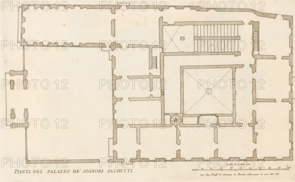 Pianta del Palazzo de' signori Sachetti, Floor plan of Palazzo Sacchetti, Palazzi di Roma dei più celebri architett, Roman palaces, Palazzi di Roma, print, album page, Print is part of an album., number: '65', print maker: Giovanni Battista Falda, Italy, after drawing by Giovanni Battista Falda, after design by Antonio da Sangallo (II), Rome, publisher: Giovanni Giacomo de' Rossi, grantor of privilege: Papal Court, Vatican City, dedicated by: Giovanni Giacomo de' Rossi, dedicated to: Antonio Barberini (I), in or after 1655, Giovanni Battista Falda, Antonio da Sangallo (II), Giovanni Giacomo de' Rossi, Antonio Barberini (I), printmaker, after drawing by, after design by, publisher, paper, etching, height 246 mm x width 394 mm, This print is part of the series titled: Palazzi di Roma. This series consists of two books. Book one, titled: Palazzi di Roma dei più celebri architetti..., consists of 44 prints attributed to Giovanni Battista Falda (name appears only on print 27) and published ...