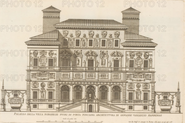 Rear facade of the Villa Borghese Pinciana, Palazzo della Villa Borghese fuori di Porta Pincian, Palazzi di Roma dei più celebri architett, Palazzi di Roma, Roman palaces, print, album page, Print is part of an album., inscription: 'Ende ... No. 9 et lib. No. 23. fol. 91., End lib. No. 21. fol. 341. 342.', number: '66', printmaker: Giovanni Battista Falda, Italy, publisher: Giovanni Giacomo de' Rossi, Rome, grantor of privilege: Papal Court, Vatican City, dedicated by: Giovanni Giacomo de' Rossi, dedicated to: Antonio Barberini (I), in or after 1655, Giovanni Giacomo de' Rossi, Papal court, Antonio Barberini (I), printmaker, after drawing by, publisher, grantor of privilege, paper, etching, height 289 mm x width 426 mm, This print is part of the series entitled: Palazzi di Roma. This series consists of two books. Book one, titled: Palazzi di Roma dei più celebri architetti..., consists of 44 prints attributed to Giovanni Battista Falda (name appears only on print 27) and published by G...