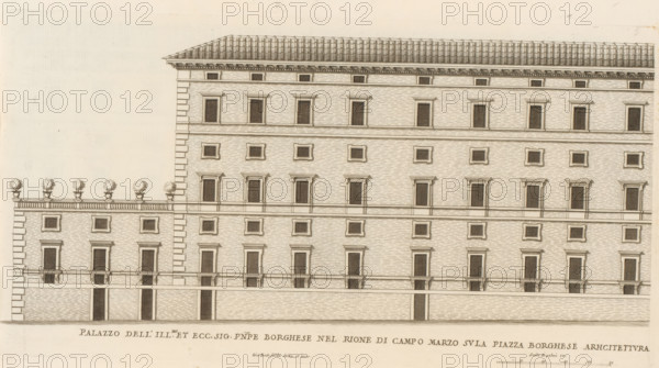 Palazzo dell' ill.mo et ecc. sig. pnpe Borghese nel Rione di Campo Marz, Side facade of Palazzo Borghese, Palazzi di Roma, Palazzi di Roma dei più celebri architett, Roman palaces, print, album page, Print is part of an album., inscription: 'Ende lib. no. 23. fol. 460. 814., Ende lib. No. 21. fol. 353. 354.', number: '67', printmaker: Giovanni Battista Falda, Italy, after drawing by Giovanni Battista Falda, after design by Martino Longhi (I), Rome, after design by Flaminio Ponzio, publisher: Giovanni Giacomo de' Rossi, grantor of privilege: Papal Court, Vatican City, commissioned by: Giovanni Giacomo de' Rossi, dedicated to: Antonio Barberini (I), in or after 1655, Giovanni Battista Falda, Martino Longhi (I), Flaminio Ponzio, Giovanni Giacomo de' Rossi, Antonio Barberini (I), printmaker, after drawing by, after design by, publisher, paper, etching, height 220 mm x width 420 mm, This print is part of the series entitled: Palazzi di Roma. This series consists of two books. Book one, titl...