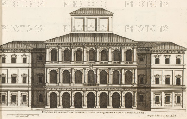 Façade of Palazzo Barberini, Palazzo de gli ecc.mi sig.ri Barberini posto nel Quirinale finito l'anno MDCXXX, Roman palaces, Palazzi di Roma, Palazzi di Roma dei più celebri architett, print, album page, Print is part of a album., number: '7', inscription: 'Ende lib. No. 22. fol., Ende lib. No. 23. fol. 813...', printmaker: Giovanni Battista Falda, Italy, after drawing by Pietro Ferrerio, publisher: Giovanni Giacomo de' Rossi, Rome, dedicated by: Giovanni Giacomo de' Rossi, dedicated to: Antonio Barberini (I), in or after 1655, Giovanni Battista Falda, Pietro Ferrerio, Giovanni Giacomo de' Rossi, Antonio Barberini (I), printmaker, after drawing by, publisher, paper, etching, height 240 mm x width 411 mm, This print is part of the series entitled: Palazzi di Roma. This series consists of two books. Book one, entitled: Palazzi di Roma dei più celebri architetti..., consists of 44 prints attributed to Giovanni Battista Falda (name appears only on print 27) and published by Giovanni Giacom...