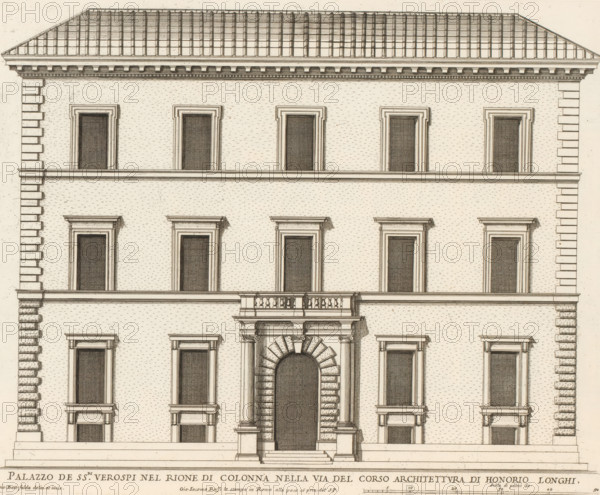 Palazzo de ss.ri Verospi nel Rione di Colonna nella Via del Cors, Façade of Palazzo Verospi, Palazzi di Roma, Palazzi di Roma dei più celebri architett, Roman palaces, print, album page, Print is part of an album., number: '73', printmaker: Giovanni Battista Falda, Italy, after design by Onorio Longhi, Rome, publisher: Giovanni Giacomo de' Rossi, grantor of privilege: Papal Court, Vatican City, dedicated by: Giovanni Giacomo de' Rossi, dedicated to: Antonio Barberini (I), in or after 1655, Giovanni Giacomo de' Rossi, Papal Court, Antonio Barberini (I), printmaker, after drawing by, after design by, publisher, grantor of privilege, paper, etching, height 295 mm x width 370 mm, This print is part of the series titled: Palazzi di Roma. This series consists of two books. Book one, titled: Palazzi di Roma dei più celebri architetti..., consists of 44 prints attributed to Giovanni Battista Falda (name appears only on print 27) and published by Giovanni Giacomo de'Rossi. These 44 prints are k...