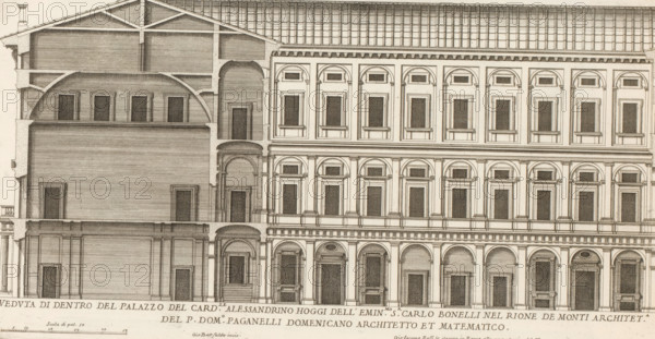 Facade and vertical section of the palace of Cardinal Alessandrino, Veduta di dentro del Palazzo del card.le Alessandrin, Palazzi di Roma dei più celebri architett, Palazzi di Roma, Roman palaces, print, album page, Print is part of an album., number: '74', inscription: 'Ende lib. No. 23. fol. 150., End lib. No. 21 fol. 501. ende lib. No. 8. fol. 36. 44.', printmaker: Giovanni Battista Falda, Italy, publisher: Giovanni Giacomo de' Rossi, Rome, grantor of privilege: Papal Court, Vatican City, dedicated by: Giovanni Giacomo de' Rossi, dedicated to: Antonio Barberini (I), in or after 1655, Giovanni Giacomo de' Rossi, Papal Court, Antonio Barberini (I), printmaker, after drawing by, publisher, grantor of privilege, paper, etching, height 221 mm x width 425 mm, This print is part of the series titled: Palazzi di Roma. This series consists of two books. Book one, titled: Palazzi di Roma dei più celebri architetti..., consists of 44 prints attributed to Giovanni Battista Falda (name appears o...