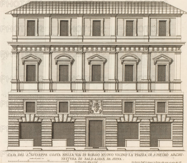 Façade of the house of Giuseppe Costa, Casa del sr Giuseppe Costa nella Via di Borgo Nuov, Palazzi di Roma dei più celebri architett, Palazzi di Roma, Roman palaces, print, album page, Print is part of an album., number: '76', inscription: 'Ende lib. No. 1. fol. 3. ...No. 384.', printmaker: Giovanni Battista Falda, Italy, after design by Balthasar de Siena, Rome, publisher: Giovanni Giacomo de' Rossi, grantor of privilege: Papal Court, Vatican City, dedicated by: Giovanni Giacomo de' Rossi, dedicated to: Antonio Barberini (I), in or after 1655, Giovanni Giacomo de' Rossi, Papal court, Antonio Barberini (I), printmaker, after drawing by, after design by, publisher, grantor of privilege, paper, etching, height 304 mm x width 350 mm, This print is part of the series entitled: Palazzi di Roma. This series consists of two books. Book one, titled: Palazzi di Roma dei più celebri architetti..., consists of 44 prints attributed to Giovanni Battista Falda (name appears only on print 27) and pub...
