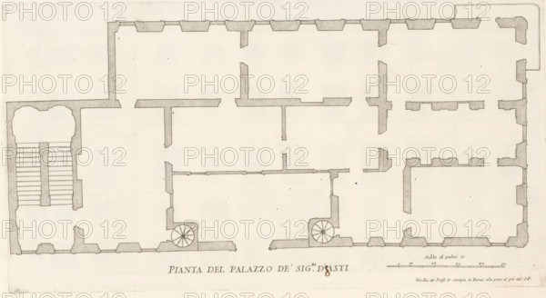Map of Palazzo Bonaparte, Pianta del Palazzo de' sig.ri d'Asti, Palazzi di Roma dei più celebri architett, Roman palaces, Palazzi di Roma, print, album page, Print is part of an album., number: '78', print maker: Giovanni Battista Falda, Italy, after design by Giovanni Antonio de' Rossi, Rome, publisher: Giovanni Giacomo de' Rossi, grantor of privilege: Papal Court, Vatican City, dedicated by: Giovanni Giacomo de' Rossi, dedicated to: Antonio Barberini (I), in or after 1655, Giovanni Battista Falda, Giovanni Antonio de' Rossi, Giovanni Giacomo de' Rossi, Papal court, Antonio Barberini (I), printmaker, after drawing by, after design by, publisher, grantor of privilege, paper, etching, height 214 mm x width 400 mm, This print is part of the series titled: Palazzi di Roma. This series consists of two books. Book one, titled: Palazzi di Roma dei più celebri architetti..., consists of 44 prints attributed to Giovanni Battista Falda (name appears only on print 27) and published by Giovanni G...