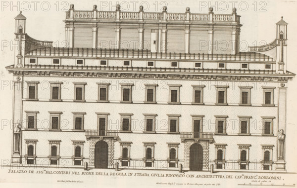 Façade of Palazzo Falconieri, Palazzo de sig.ri Falconieri nel Rione della Ragola in Strada Giuli, Palazzi di Roma, Palazzi di Roma dei più celebri architett, Roman palaces, print, album page, Print is part of an album., inscription: 'Ende lib. No. 23. fol. 811., End lib. No. 1. fol. 3...No. 388.', number: '80', printmaker: Giovanni Battista Falda, Italy, after design by Francesco Borromini, Rome, publisher: Giovanni Giacomo de' Rossi, grantor of privilege: Papal Court, Vatican City, dedicated by: Giovanni Giacomo de' Rossi, dedicated to: Antonio Barberini (I), in or after 1655, Giovanni Giacomo de' Rossi, Papal court, Antonio Barberini (I), printmaker, after drawing by, after design by, publisher, grantor of privilege, paper, etching, height 261 mm x width 419 mm, This print is part of the series entitled: Palazzi di Roma. This series consists of two books. Book one, titled: Palazzi di Roma dei più celebri architetti..., consists of 44 prints attributed to Giovanni Battista Falda (nam...