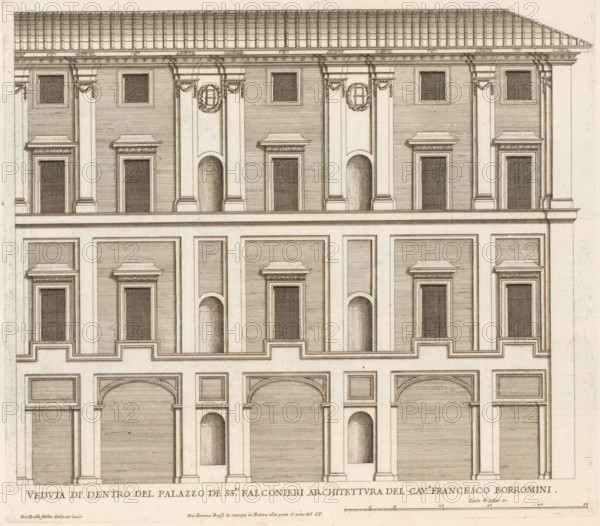 Veduta di dentro del Palazzo de ss.ri Falconier, Facade of the courtyard of Palazzo Falconieri, Roman palaces, Palazzi di Roma, Palazzi di Roma dei più celebri architett, print, album page, Print is part of an album., number: '81', printmaker: Giovanni Battista Falda, Italy, after design by Francesco Borromini, Rome, publisher: Giovanni Giacomo de' Rossi, grantor of privilege: Papal Court, Vatican City, dedicated by: Giovanni Giacomo de' Rossi, dedicated to: Antonio Barberini (I), in or after 1655, Giovanni Giacomo de' Rossi, Papal Court, Antonio Barberini (I), printmaker, after drawing by, after design by, publisher, grantor of privilege, paper, etching, height 321 mm x width 359 mm, This print is part of the series titled: Palazzi di Roma. This series consists of two books. Book one, titled: Palazzi di Roma dei più celebri architetti..., consists of 44 prints attributed to Giovanni Battista Falda (name appears only on print 27) and published by Giovanni Giacomo de'Rossi. These 44 pri...