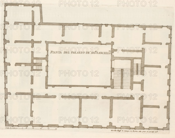 Pianta del Palazzo de sig.ri Lancellotti, Map of Palazzo Lancellotti, Roman palaces, Palazzi di Roma, Palazzi di Roma dei più celebri architett, print, album page, Print is part of an album., number: '87', print maker: Giovanni Battista Falda, Italy, after design by Carlo Maderno, Rome, after design by Domenichino, publisher: Giovanni Giacomo de' Rossi, grantor of privilege: Papal Court, Vatican City, dedicated by: Giovanni Giacomo de' Rossi, dedicated to: Antonio Barberini (I), in or after 1655, Giovanni Giacomo de' Rossi, Papal Court, Antonio Barberini (I), printmaker, after drawing by, after design by, publisher, grantor of privilege, paper, etching, height 278 mm x width 372 mm, This print is part of the series titled: Palazzi di Roma. This series consists of two books. Book one, titled: Palazzi di Roma dei più celebri architetti..., consists of 44 prints attributed to Giovanni Battista Falda (name appears only on print 27) and published by Giovanni Giacomo de'Rossi. These 44 print...
