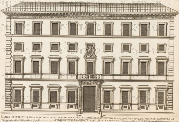 Façade of Palazzo Albertoni-Spinola, Palazzo dell' ill.mo sig. marchese Paluzzi d'Albertoni nel' Rione di Campitell, Palazzi di Roma dei più celebri architett, Palazzi di Roma, Roman palaces, print, album page, Print is part of an album., number: '88', inscription: 'Ende lib. No. 23. fol. 302., End lib. no. 21 fol. 414, End lib. no. 8. fol. 30.', printmaker: Giovanni Battista Falda, Italy, after drawing by Giovanni Battista Falda, after design by Giacomo della Porta, Rome, after design by Girolamo Rainaldi, publisher: Giovanni Giacomo de' Rossi, grantor of privilege: Papal Court, Vatican City, dedicated by: Giovanni Giacomo de' Rossi, dedicated to: Antonio Barberini (I), in or after 1655, Giovanni Battista Falda, Giacomo della Porta, Girolamo Rainaldi, Giovanni Giacomo de' Rossi, Antonio Barberini (I), printmaker, after drawing by, after design by, publisher, provider of privilege, paper, etching, height 300 mm x width 440 mm, This print is part of the series entitled: Palazzi di Roma....