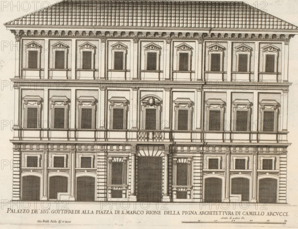 Palazzo de sig.ri Gottifredi alla Piazza di S. Marco Rione della Pign, Façade of Palazzo Grazioli, Roman palaces, Palazzi di Roma dei più celebri architett, Palazzi di Roma, print, album page, Print is part of an album., number: '89', inscription: 'Ende lib. No. 23. fol. 211., End lib. No. 21 ...End lib. No. 8 fol. 14. n. 5. 1.', printmaker: Giovanni Battista Falda, Italy, after design by Camillo Arcucci, Rome, publisher: Giovanni Giacomo de' Rossi, grantor of privilege: Papal Court, Vatican City, dedicated by: Giovanni Giacomo de' Rossi, dedicated to: Antonio Barberini (I), in or after 1655, Giovanni Giacomo de' Rossi, Papal court, Antonio Barberini (I), printmaker, after drawing by, after design by, publisher, grantor of privilege, paper, etching, height 257 mm x width 345 mm, This print is part of the series entitled: Palazzi di Roma. This series consists of two books. Book one, titled: Palazzi di Roma dei più celebri architetti..., consists of 44 prints attributed to Giovanni Batti...