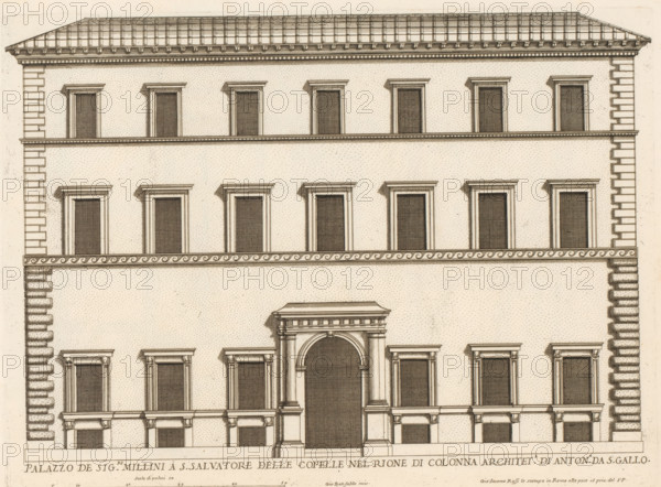 Façade of Palazzo Millini, Palazzo de sig.ri Millini a S. Salvatore delle Copelle nel Rione di Colonn, Palazzi di Roma, Roman palaces, Palazzi di Roma dei più celebri architett, print, album page, Print is part of an album., number: '91', inscription: 'Ende lib. No. 23. fol. 817., End lib. No. 21. fol. 232.lib. No. 14., End lib. No. 8. fol. 73. n. 4.', printmaker: Giovanni Battista Falda, Italy, after design by Antonio da Sangallo (II), Rome, publisher: Giovanni Giacomo de' Rossi, grantor of privilege: Papal Court, Vatican City, dedicated by: Giovanni Giacomo de' Rossi, dedicated to: Antonio Barberini (I), in or after 1655, Giovanni Giacomo de' Rossi, Papal court, Antonio Barberini (I), printmaker, after drawing by, after design by, publisher, grantor of privilege, paper, etching, height 303 mm x width 410 mm, This print is part of the series entitled: Palazzi di Roma. This series consists of two books. Book one, titled: Palazzi di Roma dei più celebri architetti..., consists of 44 pri...