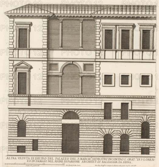 Rear facade of the palace of Marquis Silvestri, Altra veduta di dietro del palazzo del S. march.se Silvestr, Roman palaces, Palazzi di Roma dei più celebri architett, Palazzi di Roma, print, album page, Print is part of an album., number: '93', inscription: 'Ende lib. No. 23. fol. 262., Ende lib. No. 21. fol. 218.', printmaker: Giovanni Battista Falda, Italy, after design by Balthasar de Siena, Rome, publisher: Giovanni Giacomo de' Rossi, grantor of privilege: Papal Court, Vatican City, dedicated by: Giovanni Giacomo de' Rossi, dedicated to: Antonio Barberini (I), in or after 1655, Giovanni Giacomo de' Rossi, Papal court, Antonio Barberini (I), printmaker, after drawing by, after design by, publisher, grantor of privilege, paper, etching, height 310 mm x width 288 mm, This print is part of the series entitled: Palazzi di Roma. This series consists of two books. Book one, titled: Palazzi di Roma dei più celebri architetti..., consists of 44 prints attributed to Giovanni Battista Falda (...