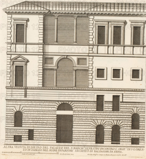 Rear facade of the palace of Marquis Silvestri, Altra veduta di dietro del palazzo del S. march.se Silvestr, Roman palaces, Palazzi di Roma dei più celebri architett, Palazzi di Roma, print, album page, Print is part of an album., number: '94', printmaker: Giovanni Battista Falda, Italy, after design by Balthasar de Siena, Rome, publisher: Giovanni Giacomo de' Rossi, grantor of privilege: Papal Court, Vatican City, dedicated by: Giovanni Giacomo de' Rossi, dedicated to: Antonio Barberini (I), in or after 1655, Giovanni Giacomo de' Rossi, Papal Court, Antonio Barberini (I), printmaker, after drawing by, after design by, publisher, grantor of privilege, paper, etching, height 310 mm x width 288 mm, This print is part of the series titled: Palazzi di Roma. This series consists of two books. Book one, titled: Palazzi di Roma dei più celebri architetti..., consists of 44 prints attributed to Giovanni Battista Falda (name appears only on print 27) and published by Giovanni Giacomo de'Rossi. ...