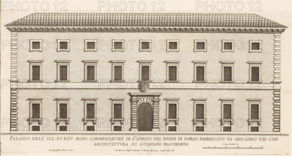 Façade of the Palace of the Commendatore of the Church of Santo Spirito, Palazzo dell' ill. et rev. mons. commendatore di S.to Spirito nel Rione di Borg, Palazzi di Roma, Palazzi di Roma dei più celebri architett, Roman palaces, print, album page, Print is part of an album., inscription: 'Ende lib. No. 23. fol. 807., End lib. No. 21. fol. 41...', number: '97', printmaker: Giovanni Battista Falda, Italy, after drawing by Giovanni Battista Falda, after design by Ottaviano Mascherino, Rome, publisher: Giovanni Giacomo de' Rossi, grantor of privilege: Papal Court, Vatican City, dedicated by: Giovanni Giacomo de' Rossi, dedicated to: Antonio Barberini (I), in or after 1655, Giovanni Battista Falda, Ottaviano Mascherino, Giovanni Giacomo de' Rossi, Antonio Barberini (I), printmaker, after drawing by, after design by, publisher, paper, etching, height 202 mm x width 412 mm, This print is part of the series entitled: Palazzi di Roma. This series consists of two books. Book one, titled: Palazzi...