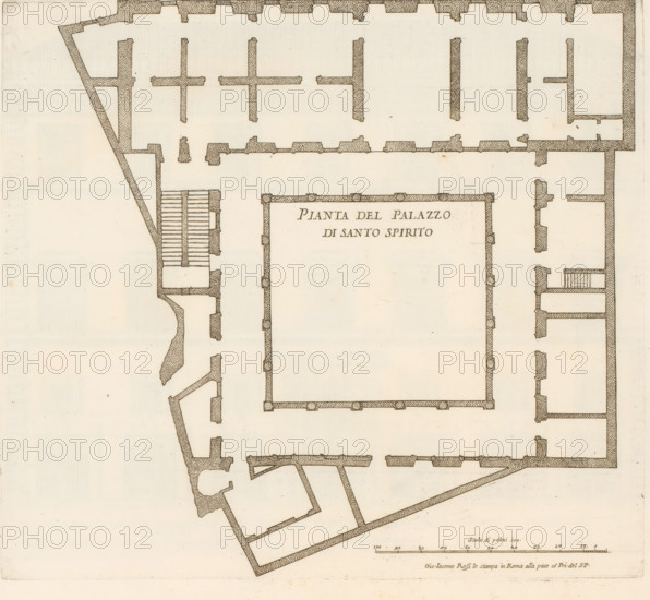 Map of the palace of the commendatore of the church of Santo Spirito, Pianta del Palazzo di Santo Spirito, Roman palaces, Palazzi di Roma dei più celebri architett, Palazzi di Roma, print, album page, Print is part of an album., number: '99', print maker: Giovanni Battista Falda, Italy, after design by Ottaviano Mascherino, Rome, publisher: Giovanni Giacomo de' Rossi, grantor of privilege: Papal Court, Vatican City, dedicated by: Giovanni Giacomo de' Rossi, dedicated to: Antonio Barberini (I), in or after 1655, Giovanni Giacomo de' Rossi, Papal Court, Antonio Barberini (I), printmaker, after drawing by, after design by, publisher, grantor of privilege, paper, etching, height 291 mm x width 323 mm, This print is part of the series titled: Palazzi di Roma. This series consists of two books. Book one, titled: Palazzi di Roma dei più celebri architetti..., consists of 44 prints attributed to Giovanni Battista Falda (name appears only on print 27) and published by Giovanni Giacomo de'Rossi....