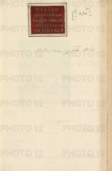 Printed title: Passio et Jesurrectio ND Jesu-Christi edita et excusa Ad. Collart, Passio et resurrectio DN Iesu Christi. Edita et excuse ab Ad. Collaert, text, title printed on leather in gold print: Passio et Jesurrectio ND Jesu-Christi edita et excusa Ad. Collart. Part of the picture series about the passion of Christ: Passio et resurrectio DN Iesu Christi. Edita et excuse ab Ad. Collaert. In a picture album with two series of 34 and 25 engravings respectively with scenes from the life and passion of Christ., Antwerp, c. 1580 - c. 1590, printer (person), metal, precious metal, biological material, inorganic material, leather, gold (metal), letterpress printing, text in letterpress, gold printing, height 35 mm x width 44 mm, The engravings of both series were heightened with gold and silver by the same hand. The second series was probably designed by Adriaen Collaert based on various print series after Maarten de Vos., A faded off-white page with a small rectangular dark red plaque ne...