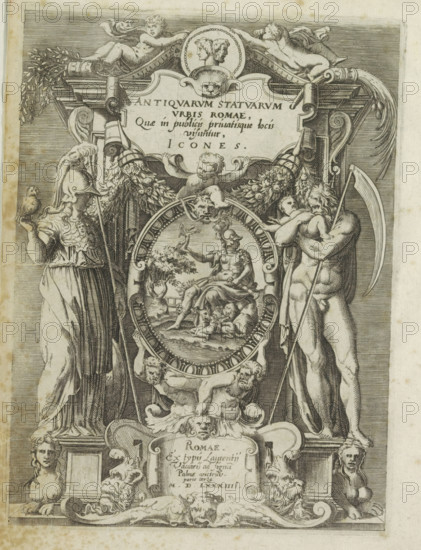 Title print with Roma, Minerva and Saturn, Antique sculptures in Rome, Antiquarum statuarum urbis Romae quae in publicis locis visuntur icones, print, album page, title print, An oval cartouche with a representation of Roma, sitting next to the Lupa Capitolina suckling the twins Romulus and Remus. The cartouche is flanked by images of Minerva and Saturn. Above two putti and a cartouche with the title. Under a cartouche with text. Print is part of an album., number: '1', Italy, publisher: Lorenzo Vaccari, Rome, 1584, printmaker, paper, engraving, height 215 mm x width 158 mm, Title print for a set of 80 prints., piece of sculpture, reproduction of a piece of sculpture, Romulus and Remus are washed ashore and suckled by a she-wolf, 'Lupa Romana', cupids: 'amores', 'amoretti', 'putti', personification of a city, town-patron(ess), (story of) Minerva (Pallas, Athena), Saturn and his children ('Planetenkinder'), An ornate engraved scene shows a central oval medallion with a seated armored fi...