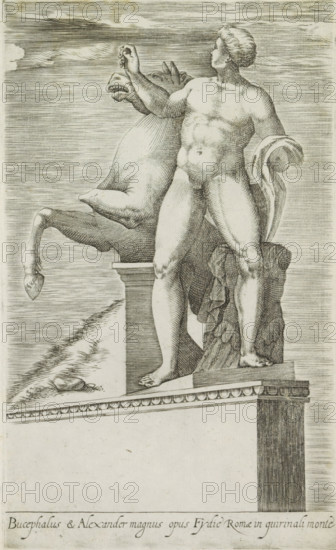 Sculpture of one of the Dioscuri on the Quirinal in Rome, Bucephalus & Alexander magnus opus, Ancient sculptures in Rome, Antiquarum statuarum urbis Romae quae in publicis locis visuntur icones, print, album page, One of the two statues of the Dioscuri (Castor and Pollux), two naked men with horses. Previously interpreted as the artists Pheidias and Praxiteles. The statues stand in the Piazza del Quirinale in Rome. Caption in Latin. Print is part of an album., number: '9', printmaker: Giovanni Battista de' Cavalieri, Italy, publisher: Andrea Vaccari, Rome, 1584, Giovanni Battista de' Cavalieri, Andrea Vaccari, publisher, paper, engraving, height 224 mm x width 144 mm, This print is part of a set of 79 prints (title print) depicting ancient sculptures in Rome., piece of sculpture, reproduction of a piece of sculpture, Quirinal, A monochrome engraving shows a muscular nude male figure standing on an architectural plinth, his torso turned slightly and his head looking upward to the right....