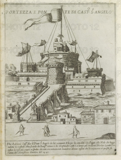 Castle of Angel and Bridge of Angels in Rome, Fortezza e Ponte di Cast.o So Angelo, Modern and ancient monuments and buildings in Rome, Ornamenti di fabriche antichi et moderni dell' alma citta di Roma, print, album page, Text in Italian below the scene., number: '55', printmaker: Giovanni Maggi, Rome, after drawing by Giovanni Maggi, publisher: Andrea Vaccari, Italy, grantor of privilege: Papal Court, Vatican City, dedicated by: Andrea Vaccari, dedicated to: Amerigo Capponi, 1576 - 1618, 1600, Giovanni Maggi, Andrea Vaccari, Papal Court, Amerigo Capponi, printmaker, after drawing by, publisher, grantor of privilege, paper, etching, height 216 mm x width 157 mm, This print is part of a series of 20 prints (title print)., river, city-view, and landscape with man-made constructions, bridge in city across river, canal, fortress, Castel Sant'Angelo, Angel Bridge, A detailed ink drawing of a riverside fortress with high round towers and crenellated walls, linked to the shore by a long stone...