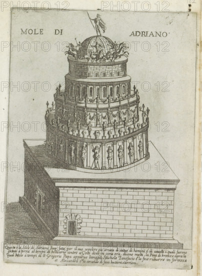 Mole di Adriano, Mausoleum of Hadrian, Modern and ancient monuments and buildings in Rome, Ornamenti di fabriche antichi et moderni dell' alma citta di Roma, print, album page, A reconstruction of the Mausoleum of Hadrian, the later Castel Sant'Angelo in Rome. Text in Italian below the image., number: '55', printmaker: Giovanni Maggi, Rome, publisher: Andrea Vaccari, Italy, grantor of privilege: Papal Court, Vatican City, dedicated to: Amerigo Capponi, 1576 - 1618, 1600, paper, etching, height 216 mm x width 159 mm, This print is part of a series of 20 prints (title print)., mausoleum, Castel Sant'Angelo, A detailed ink drawing of a multi-tiered cylindrical tower sitting on a rectangular stone base, with stacked rounded levels decorated with rows of small sculpted figures and columns; the top tier is crowned by a domed structure surrounded by figures and chariot-like forms, and a lone standing statue with a pole atop the dome; railings and balustrades line the upper terraces where nume...