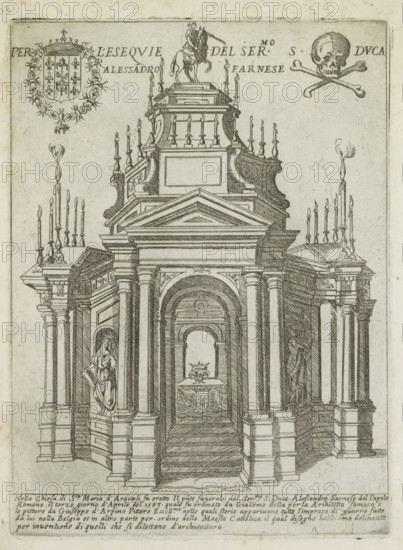 Per l'esequie del ser.mo S. duca Alessadro Farnese, Tomb monument of Alessandro Farnese in the Santa Maria in Aracoeli in Rome, Ornamenti di fabriche antichi et moderni dell' alma citta di Roma, Modern and ancient monuments and buildings in Rome, print, album page, Text in Italian below the image., number: '56', printmaker: Giovanni Maggi, Rome, publisher: Andrea Vaccari, Italy, grantor of privilege: Papal Court, Vatican City, dedicated to: Amerigo Capponi, 1576 - 1618, 1600, paper, etching, height 216 mm x width 157 mm, This print is part of a series of 20 prints (title print)., Person, Alessandro Farnese (Governor of the Netherlands and Duke of Parma and Piacenza), grave, tomb, Santa Maria in Aracoeli, A detailed architectural engraving of a classical monument with a central arched entrance flanked by paired columns and pilasters, a stepped staircase leading up to an altar-like structure visible through the arch, statues in niches on either side, ornate balustrades and pediments abov...