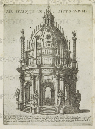 Sepulchral monument for Pope Sixtus V, Per l'esequie di Sisto V PM, Modern and ancient monuments and buildings in Rome, Ornamenti di fabriche antichi et moderni dell' alma citta di Roma, print, album page, Text in Italian below the scene., number: '56', printmaker: Giovanni Maggi, Rome, publisher: Andrea Vaccari, Italy, grantor of privilege: Papal Court, Vatican City, dedicated to: Amerigo Capponi, 1576 - 1618, 1600, paper, etching, height 216 mm x width 157 mm, This print is part of a series of 20 prints (title print)., Person, Sixtus V, grave, tomb, Santa Maria Maggiore (Rome), A detailed black and white architectural engraving shows the upper portion of an ornate domed structure with a circular base, arched openings, columns, balustrades, and decorative moldings. The dome is topped by a small lantern with vertical openings and a star ornament, and the dome surface is segmented with ornamental medallions and finials. Flanking the dome are tall twisted columns with statues on their ca...