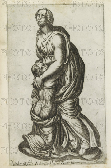 Sculpture of Niobe with her daughter, Niobes cu filia in hortis magni ducis, Ancient sculptures in Rome, Antiquarum statuarum urbis Romae quae in publicis locis visuntur icones, print, album page, Caption in Latin. Print is part of an album., number: '10', printmaker, publisher, Rome, Italy, paper, engraving, height 222 mm x width 134 mm, This print is part of a set of 79 prints (title print) depicting ancient sculptures in Rome., piece of sculpture, reproduction of a piece of sculpture, (story of) Niobe, A vertical black and white engraving shows a standing woman in flowing draped clothing holding a smaller figure close to her front. The woman has long wavy hair, a solemn facial expression, and a classical robe gathered at the waist and falling in deep folds. Her arms encircle the smaller figure, whose face is turned upward and whose hair is shorter and curly. Both figures are depicted with detailed crosshatching and strong line shading. The background is plain with a faint rectangula...