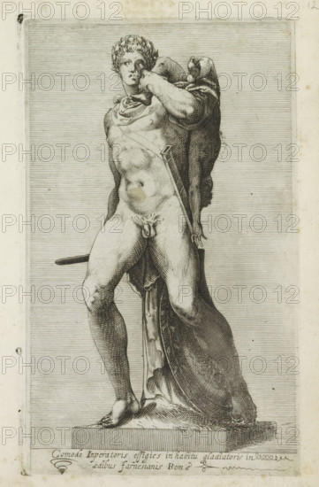Comodo inperatoris effigies in habitu glariatoris, Sculpture of Emperor Commodus as a gladiator, Ancient sculptures in Rome, Antiquarum statuarum urbis Romae quae in publicis locis visuntur icones, print, album page, Caption in Latin. Print is part of an album., number: '10', printmaker, publisher, Rome, Italy, paper, engraving, height 222 mm x width 134 mm, This print is part of a set of 79 prints (title print) depicting ancient sculptures in Rome., Person, Commodus (Emperor of the Roman Empire), piece of sculpture, reproduction of a piece of sculpture, ruler, sovereign, A monochrome engraved image of a classical male statue on a rectangular plinth, shown standing in contrapposto with one leg stepped forward and the other slightly back, the figure is nude and muscular with a turned head and curly hair, a cloak draped over one shoulder and wrapped behind the back, an arm raised to the neck and the other resting by the side, a short sword or dagger sheathed at the hip, a long rectangula...