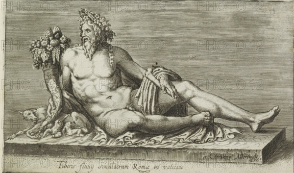Tiberus fluvy simulacrum Romae in Vaticano, Sculpture of the river Tiber, Antiquarum statuarum urbis Romae quae in publicis locis visuntur icones, Ancient sculptures in Rome, print, album page, Image of the river god the Tiber with attributes of a fruit horn, a she-wolf, and the twins Romulus and Remus. Print is part of an album., number: '11', printmaker, publisher, Rome, Italy, paper, engraving, height 134 mm x width 222 mm, After an ancient sculpture in the Musée du Louvre in Paris. In the sixteenth century, the statue stood in the 'Cortile del Belvedere' in the Vatican. This print is part of a set of 79 prints (title print) depicting ancient sculptures in Rome., piece of sculpture, reproduction of a piece of sculpture, personification of river Tiber, 'Tevere' (Ripa), Tiber, A reclining male figure rendered in a detailed engraved style occupies a raised rectangular plinth, shown nude with a cloth draped loosely over one thigh and around one arm; he has a muscular torso, long beard, ...