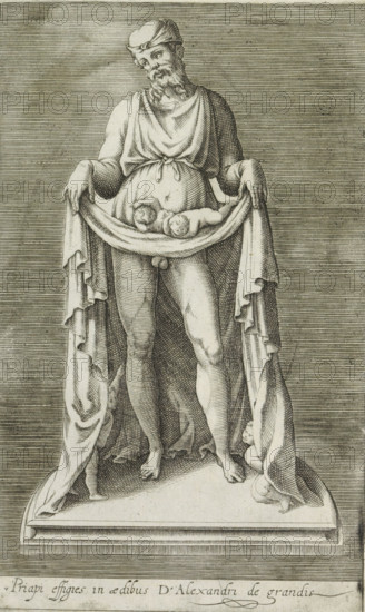 Sculpture of Priapus, Priapi effigies in aedibus d'Alexandri de grandis, Ancient sculptures in Rome, Antiquarum statuarum urbis Romae quae in publicis locis visuntur icones, print, album page, Caption in Latin. Print is part of an album., number: '11', printmaker, publisher, Rome, Italy, paper, engraving, height 220 mm x width 134 mm, This print is part of a set of 79 prints (title print) depicting ancient sculptures in Rome., piece of sculpture, reproduction of a piece of sculpture, (story of) Priapus, An engraved depiction of a bearded male figure wearing a cap and a draped garment tied at the waist, standing on a rectangular base and holding the edges of a long drapery that hangs down on both sides, the drapery forming a horizontal fold in front of the torso in which two infant figures lie, the standing figure shown nude below the waist with one leg slightly forward, the drapery showing detailed folds and texture, the base rendered with linear shading and the background filled with ...