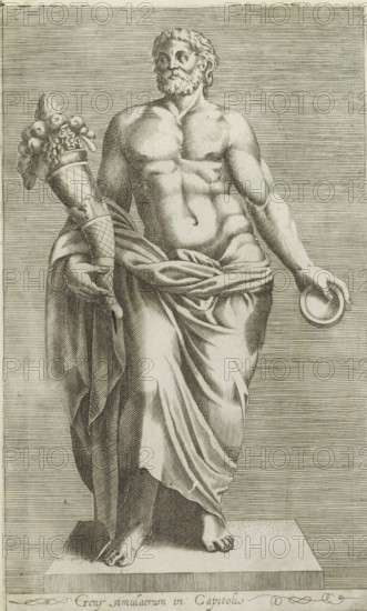 Sculpture of a man with a horn of plenty, Geny simulacrum in Capitoli, Antiquarum statuarum urbis Romae quae in publicis locis visuntur icones, Ancient sculptures in Rome, print, album page, Caption in Latin. Print is part of an album., number: '12', printmaker, publisher, Rome, Italy, paper, engraving, height 220 mm x width 134 mm, This print is part of a set of 79 prints (title print) depicting ancient sculptures in Rome., piece of sculpture, reproduction of a piece of sculpture, man (showing himself) undressed, quasi-nude, A grayscale engraved image of a classical male statue standing on a rectangular plinth, depicted with a muscular, partially draped torso and a beard with wavy hair. The figure holds a cone-shaped object topped with clusters of round fruits in one hand and a shallow dish in the other hand. Drapery wraps around the figure’s waist and falls in folds down to the feet, which rest flat on the base. Fine parallel engraved lines fill the background and shading on the body...