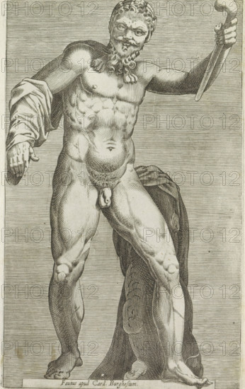 Sculpture of a Faun, Faunus apud Card. Burghesium, Antiquarum statuarum urbis Romae quae in publicis locis visuntur icones, Ancient sculptures in Rome, print, album page, Latin caption. Print is part of an album., number: '12', printmaker, publisher, Rome, Italy, paper, engraving, height 220 mm x width 134 mm, This print is part of a set of 79 prints (title print) depicting ancient sculptures in Rome. This print is part of a set of 79 prints (title print) depicting ancient sculptures in Rome., piece of sculpture, reproduction of a piece of sculpture, satyrs, fauns, Sileni, A detailed engraved depiction of a bearded, muscular nude male figure standing with one arm raised holding a staff and the other arm bent outward with a draped cloth over the shoulder; the figure has curly hair and a braided beard, visible abdominal and leg musculature, and anatomical shading lines; a cloak or drapery hangs behind one leg and the feet rest on a rectangular base; the background is filled with fine hor...