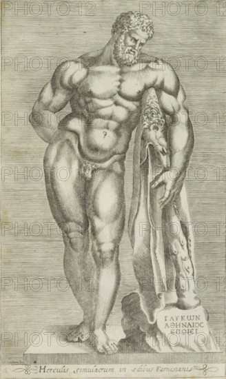 Herculis simulacrum in aedibus Farnesiani, Sculpture of Hercules, Hercules Farnese, Antiquarum statuarum urbis Romae quae in publicis locis visuntur icones, Ancient sculptures in Rome, print, album page, Caption in Latin. Print is part of an album., number: '13', printmaker: unknown, Italy, publisher: Andrea Vaccari, Rome, 1584, paper, engraving, height 222 mm x width 134 mm, Until 1787 this statue stood in the Palazzo Farnese, hence the name Hercules Farnese. This print is part of a set of 79 prints (title print) depicting ancient sculptures in Rome. This print is part of a set of 79 prints (title print) depicting ancient sculptures in Rome., piece of sculpture, reproduction of a piece of sculpture, (story of) Hercules (Heracles), A grayscale engraved image of a standing male nude statue with a muscular torso and curly hair and beard, leaning slightly to one side with one hand resting on a draped animal hide that hangs over a vertical support, the hide showing a flayed animal head and...