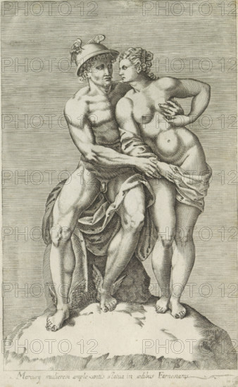 Sculpture group with Mercury and a goddess, Mercury mulierem amplexantis statua in aedibus Farnesianis, Antiquarum statuarum urbis Romae quae in publicis locis visuntur icones, Ancient sculptures in Rome, print, album page, Caption in Latin. Print is part of an album., number: '13', printmaker, publisher, Rome, Italy, paper, engraving, height 222 mm x width 134 mm, This print is part of a set of 79 prints (title print) depicting ancient sculptures in Rome., piece of sculpture, reproduction of a piece of sculpture, (story of) Mercury (Hermes), A detailed black and white engraving shows two partially draped figures standing close together on a rocky base against a background of horizontal lines; the figure on the left wears a winged helmet and a cloth draped around the waist, displaying a muscular torso and leaning slightly toward the other figure while one arm wraps around their waist and the other rests on the other's thigh; the figure on the right is nude from the waist up with a clot...