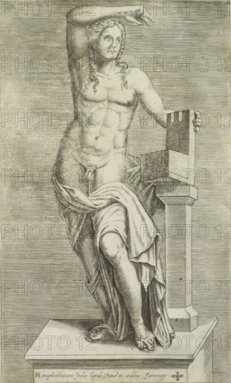 Image of a male nude, presumably Apollo Lyceus, Sculpture of Hermaphroditus (former title), Hermaphroditus ex indice lapide Romae in aedibus Farnesiany, Antiquarum statuarum urbis Romae quae in publicis locis visuntur icones, Ancient sculptures in Rome, print, album page, Image of a male nude with an arm above the head. In the inscription, this figure is interpreted as Hermaphroditus, but the figure strongly resembles the Apollo Lyceus type. Print is part of an album., number: '14', printmaker, publisher, Rome, Italy, paper, engraving, height 222 mm x width 135 mm, This print is part of a set of 79 prints (title print) depicting ancient sculptures in Rome., piece of sculpture, reproduction of a piece of sculpture, (story of) Apollo (Phoebus), (story of) Hermaphroditus, A detailed engraving of a classical marble statue shows a partially draped, muscular figure seated on a plinth with one leg crossed over the other and one arm raised above the head, the other hand resting on the back of ...