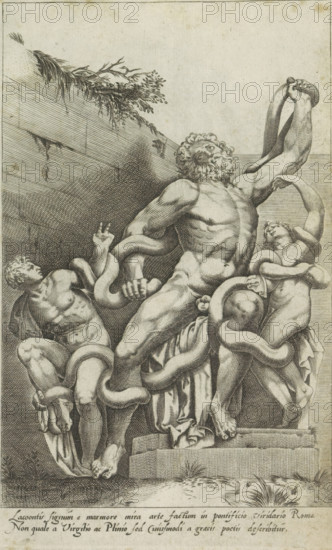 Laocoön group, Lacoontis signum e marmore mira arte factum, Ancient sculptures in Rome, Antiquarum statuarum urbis Romae quae in publicis locis visuntur icones, print, album page, Marble sculpture group of Laocoön and his sons being attacked by two snakes. The sculpture group is depicted in mirror image. Caption in Latin. Print is part of an album., number: '1', printmaker: Giovanni Battista de' Cavalieri, Italy, publisher: Andrea Vaccari, Rome, 1584, Giovanni Battista de' Cavalieri, Andrea Vaccari, publisher, paper, engraving, height 222 mm x width 137 mm, This print is part of a set of 79 prints (title print) depicting ancient sculptures in Rome., piece of sculpture, reproduction of a piece of sculpture, Laocoon and his twin sons are strangled by two serpents during the preparations for a sacrifice, A monochrome engraving shows a muscular bearded man seated on steps with his torso turned and one arm raised, his other arm gripping a large serpent that coils around his body and limbs; ...