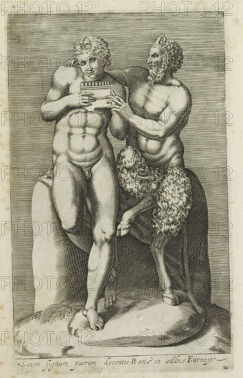 Satiri signum puerum docentis Romae in aedibus Farnesy, Sculpture group with Pan teaching Daphnis to play the flute, Antiquarum statuarum urbis Romae quae in publicis locis visuntur icones, Ancient sculptures in Rome, print, album page, Caption in Latin. Print is part of an album., number: '15', printmaker, publisher, Rome, Italy, paper, engraving, height 225 mm x width 137 mm, This print is part of a set of 79 prints (title print) depicting ancient sculptures in Rome., piece of sculpture, reproduction of a piece of sculpture, homosexual love, Pan teaching Daphnis to play the pipe, A detailed black and white engraving shows two partially nude male figures standing closely together. The figure on the left is youthful with curly hair and a muscular torso, holding a small rectangular object with parallel ridges at its top while looking slightly downward. The figure on the right has a mature bearded face, curly hair, and the lower body of a goat with shaggy fur and cloven hooves; one of hi...