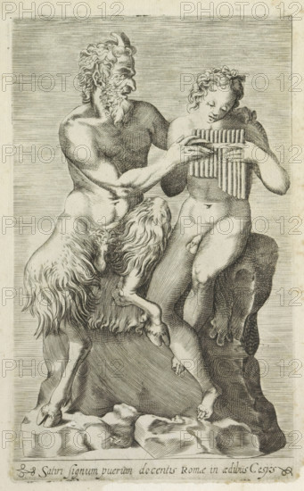 Sculpture group with Pan teaching Daphnis to play the flute, Satiri signum puerum docentis Romae in aedibus Cesys, Ancient sculptures in Rome, Antiquarum statuarum urbis Romae quae in publicis locis visuntur icones, print, album page, Caption in Latin. Print is part of an album., number: '15', printmaker, publisher, Rome, Italy, paper, engraving, height 225 mm x width 135 mm, This print is part of a set of 79 prints (title print) depicting ancient sculptures in Rome., piece of sculpture, reproduction of a piece of sculpture, homosexual love, Pan teaching Daphnis to play the pipe, A detailed engraving shows two partially nude figures seated on a rocky outcrop; one figure has a muscular human torso with a bearded face and curled hair, horns on the head, and the lower body of a goat with fur and cloven hooves, while the other figure is a youthful, softer-bodied person with curly hair holding a set of panpipes; the horned figure reaches toward the panpipes with a guiding hand, and the goat...