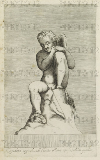 Cupidinis cogitabundi stantis statua apud nobilem quendem, Sculpture of Cupid, Ancient sculptures in Rome, Antiquarum statuarum urbis Romae quae in publicis locis visuntur icones, print, album page, Caption in Latin. Print is part of an album., number: '16', printmaker, publisher, Rome, Italy, paper, engraving, height 222 mm x width 135 mm, This print is part of a set of 79 prints (title print) depicting ancient sculptures in Rome., piece of sculpture, reproduction of a piece of sculpture, (story of) Cupid, Amor (Eros), A monochrome engraving shows a seated childlike figure with curly hair and a small wing on one shoulder, resting one arm across a raised knee while the other hand touches the shoulder; the figure sits on a draped rock or cloth with a bow and a round quiver-like object lying beside the drapery, and a shoe or sandal rests near the base; the background is filled with closely spaced horizontal lines and a bordered lower panel with fine vertical hatching.