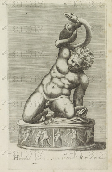 Sculpture of the young Hercules fighting a snake, Herculis pueri simulacrum Romae, Antiquarum statuarum urbis Romae quae in publicis locis visuntur icones, Ancient sculptures in Rome, print, album page, Caption in Latin. Print is part of an album., number: '16', printmaker, publisher, Rome, Italy, paper, engraving, height 222 mm x width 135 mm, This print is part of a set of 79 prints (title print) depicting ancient sculptures in Rome., piece of sculpture, reproduction of a piece of sculpture, early life, prime youth of Hercules, A monochrome engraved image of a muscular kneeling boy with curly hair, positioned on a round decorated base; the boy is shown nude and leaning to one side with one arm raised above his head as a large coiled serpent wraps around his raised arm and shoulder, the serpent's head visible near the top of the image and another portion of its body resting on the base; the boy's facial features are rendered with shading and crosshatching, and his torso shows detailed...