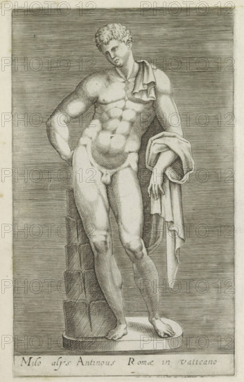 Belvedere Antinous (former title), Sculpture of Mercury, Milo alys Antinous Romae in Vaticano, Antiquarum statuarum urbis Romae quae in publicis locis visuntur icones, Ancient sculptures in Rome, print, album page, Caption in Latin. Print is part of an album., number: '17', printmaker, publisher, Rome, Italy, paper, engraving, height 222 mm x width 134 mm, After a statue in the Vatican Museums in Vatican City. This print is part of a set of 79 prints (title print) depicting ancient sculptures in Rome., piece of sculpture, reproduction of a piece of sculpture, (story of) Mercury (Hermes), A monochrome engraving of a nude male marble statue standing on an oval base, shown full-length against a lined background, with curly hair and a slightly tilted head, a cloth draped over one shoulder and looping around one forearm, a muscular torso with defined abdomen and relaxed arms, one hand resting on a stacked block support and the other arm bent with a hand on the hip, legs straight with visibl...