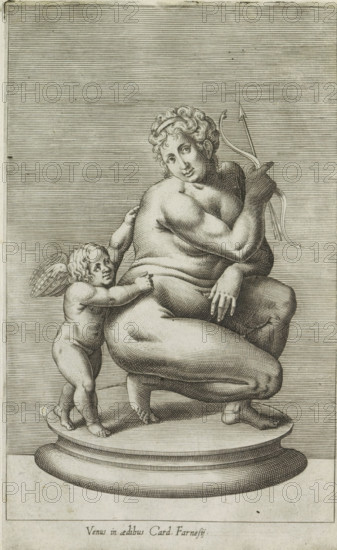 Venus in aedibus Card. Farnesii, Sculpture of Venus and Cupid, Antiquarum statuarum urbis Romae quae in publicis locis visuntur icones, Ancient sculptures in Rome, print, album page, Latin caption. Print is part of an album., number: '17', printmaker, publisher, Rome, Italy, paper, engraving, height 222 mm x width 134 mm, This print is part of a set of 79 prints (title print) depicting ancient sculptures in Rome., piece of sculpture, reproduction of a piece of sculpture, Venus and Cupid (Cupid not being mere attribute), A finely detailed engraving shows a seated adult figure with curly hair turned toward the viewer while holding a curved object with several prongs; the figure is partially nude with musculature and soft shading emphasized, one arm resting across the body and one hand gripping the object. A small winged child stands beside the adult, leaning and reaching to touch the adult's torso, with curly hair and delicate feathered wings visible. Both figures are positioned on a rou...