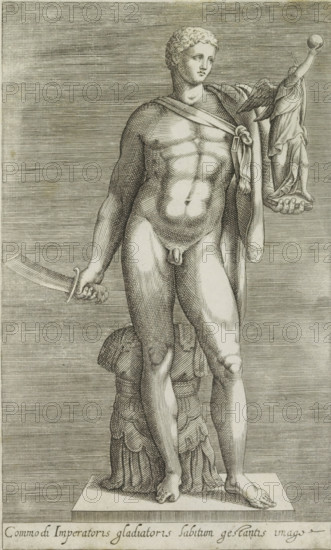 Commodi imperatoris gladiatoris sabitum gestantis imago, Sculpture of Emperor Commodus, Antiquarum statuarum urbis Romae quae in publicis locis visuntur icones, Ancient sculptures in Rome, print, album page, Caption in Latin. Print is part of an album., number: '18', printmaker, publisher, Rome, Italy, paper, engraving, height 222 mm x width 135 mm, This print is part of a set of 79 prints (title print) depicting ancient sculptures in Rome., Person, Commodus (Emperor of the Roman Empire), piece of sculpture, reproduction of a piece of sculpture, portrait of emperor Commodus, A grayscale engraving of a classical nude male statue standing on a rectangular plinth, shown in a frontal three-quarter view; the figure has short curly hair and a calm facial expression, a cloth draped over one shoulder and across the chest, a muscular torso and defined abdomen, and the left arm raised and holding a small draped female figure in the palm while the right hand holds a curved sword; the legs are sli...