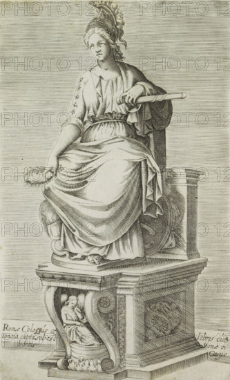 Sculpture of Rome, Romae colocius celebris cui Dacia captasubest Romae in hortis Caerijs, Antiquarum statuarum urbis Romae quae in publicis locis visuntur icones, Ancient sculptures in Rome, print, album page, Caption in Latin. Print is part of an album., number: '18', printmaker, publisher, Rome, Italy, paper, engraving, height 222 mm x width 134 mm, This print is part of a set of 79 prints (title print) depicting ancient sculptures in Rome., piece of sculpture, reproduction of a piece of sculpture, personification of a city, town-patron(ess), A monochrome engraved depiction of a seated classical figure wearing flowing drapery and a plumed helmet, holding a short rod in one hand and a laurel wreath in the other, positioned on an ornate pedestal with carved scrollwork and a small seated figure in a recessed niche, the drapery showing detailed folds and shading, the pedestal featuring decorative panels and a rounded base, and the background filled with fine horizontal hatching.
