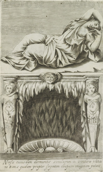 Sleeping Cleopatra (former title), Ninfae cuiusdam dormentis simulacrum in viridario Vaticano Romae quidam propter serpentem Cleopatre imaginem putant, Sculpture of the sleeping Ariadne above a fireplace, Ancient sculptures in Rome, Antiquarum statuarum urbis Romae quae in publicis locis visuntur icones, print, album page, Latin caption. Print is part of an album., number: '19', printmaker, publisher, Rome, Italy, paper, engraving, height 222 mm x width 134 mm, After a statue in the Vatican Museums in Vatican City. This print is part of a set of 79 prints (title print) depicting ancient sculptures in Rome., piece of sculpture, reproduction of a piece of sculpture, (story of) Ariadne, A reclining draped female figure occupies the upper portion of the image, shown in a relaxed pose with one arm bent behind her head and the other hand resting near her face; the drapery folds and contours of her body are rendered with fine parallel lines and shading. Below her is an ornate architectural pa...
