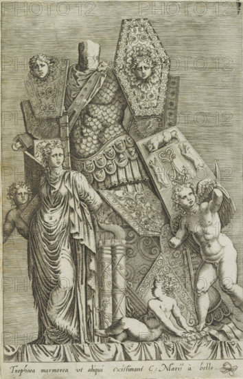 Tropoea marmorea ut aliqui existiman, Trophy of weapons, a female figure and angels, Antiquarum statuarum urbis Romae quae in publicis locis visuntur icones, Ancient sculptures in Rome, print, album page, Caption in Latin. Print is part of an album., number: '3', printmaker: Giovanni Battista de' Cavalieri, Italy, publisher: Andrea Vaccari, Rome, 1584, Giovanni Battista de' Cavalieri, Andrea Vaccari, publisher, paper, engraving, height 224 mm x width 144 mm, This print is part of a set of 79 prints (title print) depicting ancient sculptures in Rome., piece of sculpture, reproduction of a piece of sculpture, trophy, battle, war, A vertical engraving showing a draped female figure standing with a flowing robe and exposed arm, flanked by sculpted heads and ornamental panels; to her right a nude winged putto leans forward with one arm raised, and a reclining partially draped childlike figure lies at the base; behind them is an arrangement of decorative armor pieces including a scaled cuira...