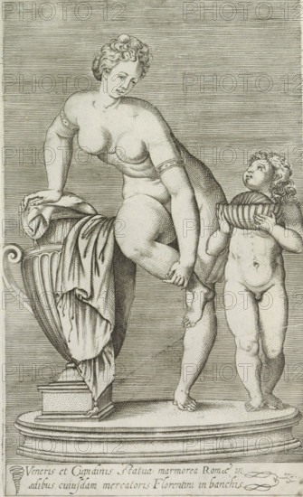 Sculpture of Venus and Amor, Veneris et Cupidinis statua marmorea Romae in aedibus cuiusdam mercatoris Florentini in banchis, Antiquarum statuarum urbis Romae quae in publicis locis visuntur icones, Ancient sculptures in Rome, print, album page, Caption in Latin. Print is part of an album., number: '19', printmaker, publisher, Rome, Italy, paper, engraving, height 221 mm x width 132 mm, This print is part of a set of 79 prints (title print) with representations of ancient sculptures in Rome., piece of sculpture, reproduction of a piece of sculpture, Venus and Cupid (Cupid not being mere attribute), toilet of Venus, bath of Venus, A classical-style engraving shows a nude female figure leaning on a large ornate vase draped with fabric, one arm resting on the vase while the opposite hand grasps her raised leg; her hair is short and curly and she looks downward. Beside her stands a nude child with curly hair holding a shallow bowl with both hands and looking up toward the woman. The figure...